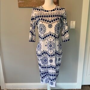 Elegant Blue and White Long Sleeve Dress Size L